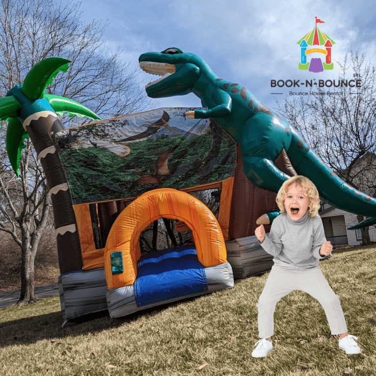 A Kid excited about his dinosaur bounce house rental in St. Charles, MO